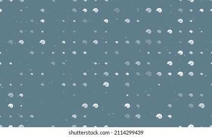Seamless background pattern of evenly spaced white marine nautilus symbols of different sizes and opacity. Vector illustration on blue gray background with stars