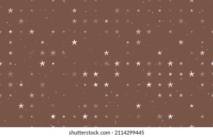 Seamless background pattern of evenly spaced white starfish symbols of different sizes and opacity. Vector illustration on brown background with stars