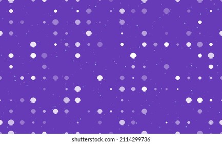 Seamless background pattern of evenly spaced white sea shell symbols of different sizes and opacity. Vector illustration on deep purple background with stars