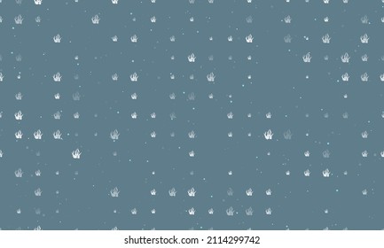 Seamless background pattern of evenly spaced white seaweed symbols of different sizes and opacity. Vector illustration on blue gray background with stars