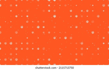 Seamless background pattern of evenly spaced white coral symbols of different sizes and opacity. Vector illustration on deep orange background with stars