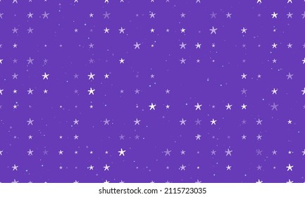 Seamless background pattern of evenly spaced white starfish symbols of different sizes and opacity. Vector illustration on deep purple background with stars
