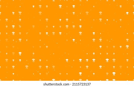 Seamless background pattern of evenly spaced white jellyfish symbols of different sizes and opacity. Vector illustration on orange background with stars