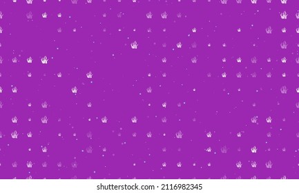 Seamless background pattern of evenly spaced white seaweed symbols of different sizes and opacity. Vector illustration on purple background with stars