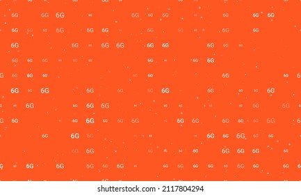 Seamless background pattern of evenly spaced white 6G symbols of different sizes and opacity. Vector illustration on deep orange background with stars