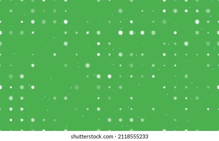 Seamless background pattern of evenly spaced white sea urchin symbols of different sizes and opacity. Vector illustration on green background with stars