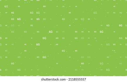 Seamless background pattern of evenly spaced white 6G symbols of different sizes and opacity. Vector illustration on light green background with stars