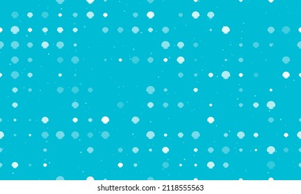 Seamless background pattern of evenly spaced white sea shell symbols of different sizes and opacity. Vector illustration on cyan background with stars