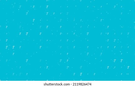 Seamless background pattern of evenly spaced white figure skating symbols of different sizes and opacity. Vector illustration on cyan background with stars