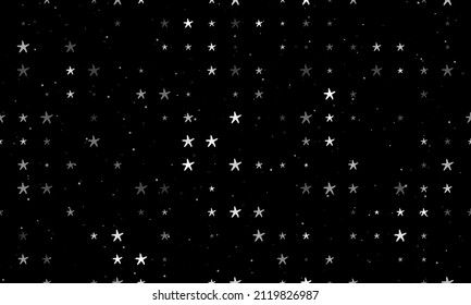 Seamless background pattern of evenly spaced white starfish symbols of different sizes and opacity. Vector illustration on black background with stars