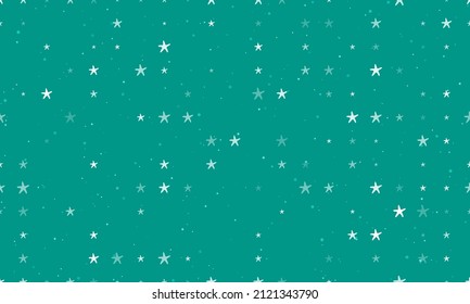 Seamless background pattern of evenly spaced white starfish symbols of different sizes and opacity. Vector illustration on teal background with stars