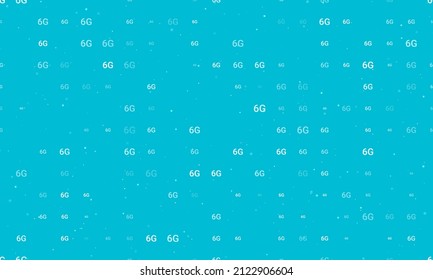 Seamless background pattern of evenly spaced white 6G symbols of different sizes and opacity. Vector illustration on cyan background with stars