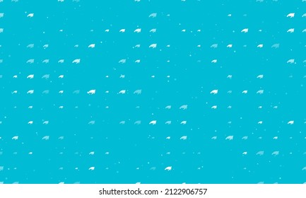 Seamless background pattern of evenly spaced white sea turtle symbols of different sizes and opacity. Vector illustration on cyan background with stars