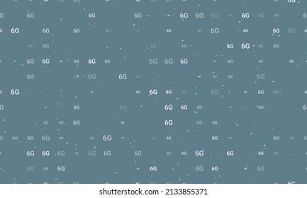 Seamless background pattern of evenly spaced white 6G symbols of different sizes and opacity. Vector illustration on blue gray background with stars