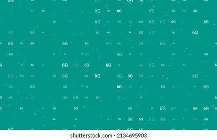 Seamless background pattern of evenly spaced white 6G symbols of different sizes and opacity. Vector illustration on teal background with stars