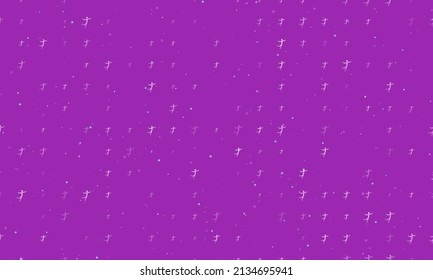 Seamless background pattern of evenly spaced white figure skating symbols of different sizes and opacity. Vector illustration on purple background with stars
