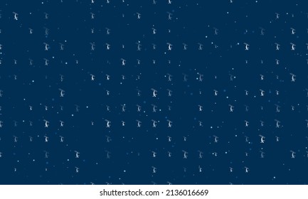 Seamless background pattern of evenly spaced white freestyle skiing symbols of different sizes and opacity. Vector illustration on dark blue background with stars