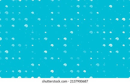 Seamless background pattern of evenly spaced white marine nautilus symbols of different sizes and opacity. Vector illustration on cyan background with stars