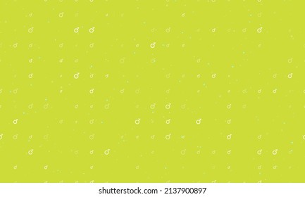 Seamless background pattern of evenly spaced white demiboy symbols of different sizes and opacity. Vector illustration on lime background with stars