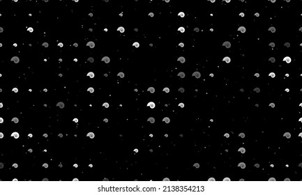 Seamless background pattern of evenly spaced white marine nautilus symbols of different sizes and opacity. Vector illustration on black background with stars