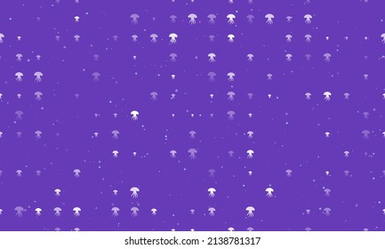 Seamless background pattern of evenly spaced white jellyfish symbols of different sizes and opacity. Vector illustration on deep purple background with stars