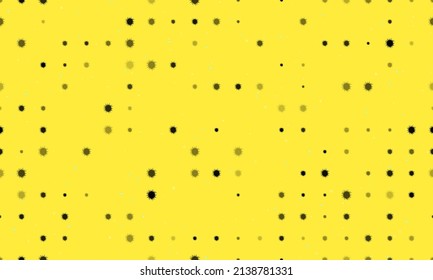 Seamless background pattern of evenly spaced black sea urchin symbols of different sizes and opacity. Vector illustration on yellow background with stars