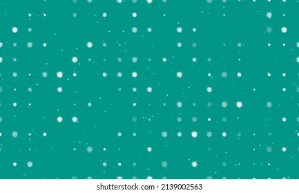 Seamless background pattern of evenly spaced white sea urchin symbols of different sizes and opacity. Vector illustration on teal background with stars