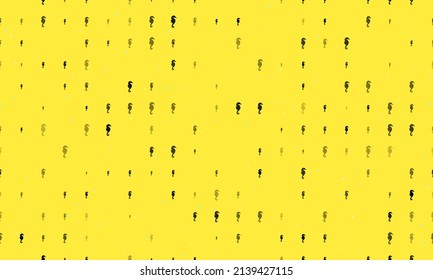 Seamless background pattern of evenly spaced black sea horse symbols of different sizes and opacity. Vector illustration on yellow background with stars