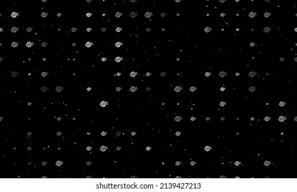 Seamless background pattern of evenly spaced white digital tech symbols of different sizes and opacity. Vector illustration on black background with stars