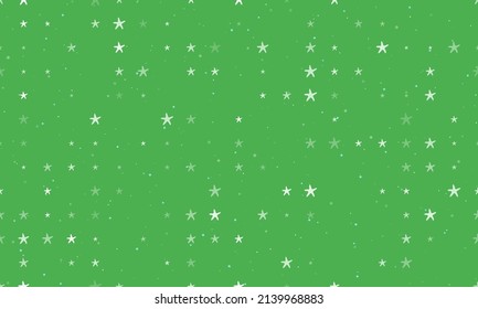 Seamless background pattern of evenly spaced white starfish symbols of different sizes and opacity. Vector illustration on green background with stars