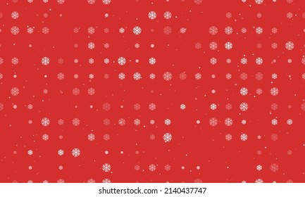 Seamless background pattern of evenly spaced white snowflake symbols of different sizes and opacity. Vector illustration on red background with stars