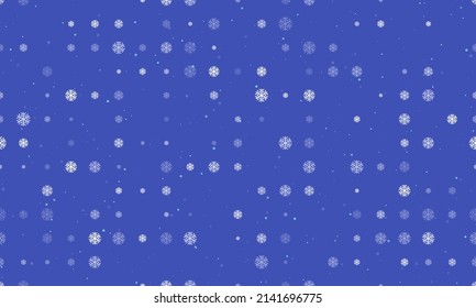 Seamless background pattern of evenly spaced white snowflake symbols of different sizes and opacity. Vector illustration on indigo background with stars