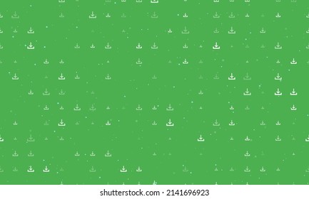 Seamless background pattern of evenly spaced white download symbols of different sizes and opacity. Vector illustration on green background with stars