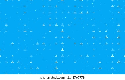 Seamless background pattern of evenly spaced white download symbols of different sizes and opacity. Vector illustration on light blue background with stars