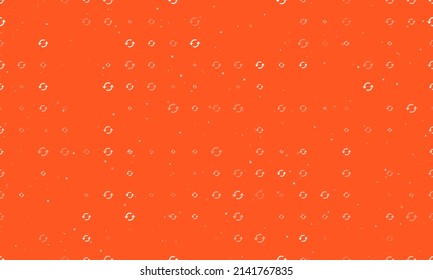 Seamless background pattern of evenly spaced white refresh symbols of different sizes and opacity. Vector illustration on deep orange background with stars