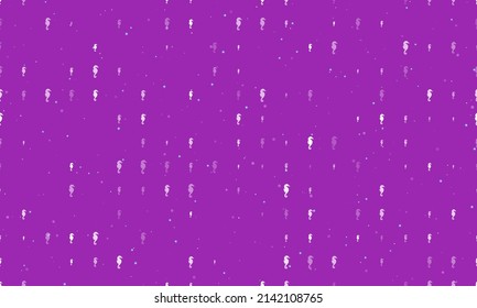 Seamless background pattern of evenly spaced white sea horse symbols of different sizes and opacity. Vector illustration on purple background with stars