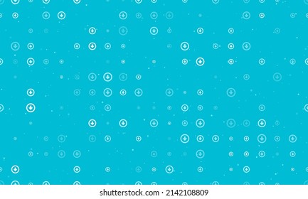 Seamless background pattern of evenly spaced white download symbols of different sizes and opacity. Vector illustration on cyan background with stars