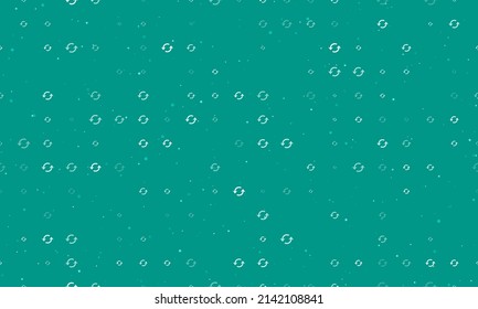 Seamless background pattern of evenly spaced white refresh symbols of different sizes and opacity. Vector illustration on teal background with stars