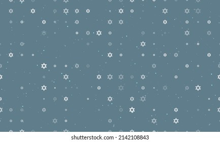 Seamless background pattern of evenly spaced white star of David symbols of different sizes and opacity. Vector illustration on blue gray background with stars