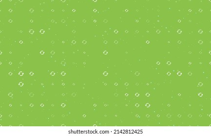 Seamless background pattern of evenly spaced white refresh symbols of different sizes and opacity. Vector illustration on light green background with stars