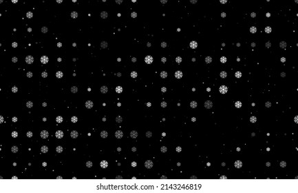 Seamless background pattern of evenly spaced white snowflake symbols of different sizes and opacity. Vector illustration on black background with stars
