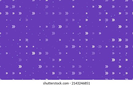 Seamless background pattern of evenly spaced white double arrow symbols of different sizes and opacity. Vector illustration on deep purple background with stars