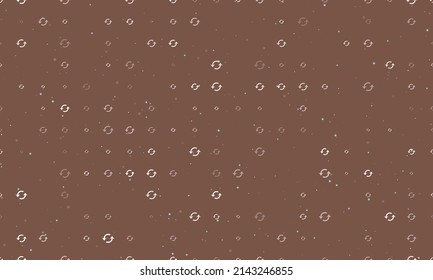 Seamless background pattern of evenly spaced white refresh symbols of different sizes and opacity. Vector illustration on brown background with stars