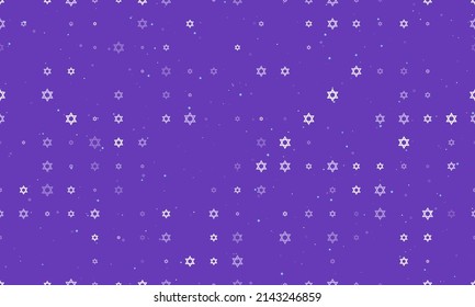 Seamless background pattern of evenly spaced white star of David symbols of different sizes and opacity. Vector illustration on deep purple background with stars