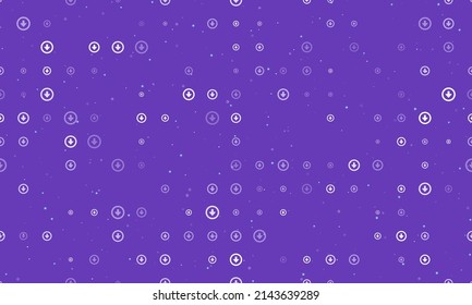 Seamless background pattern of evenly spaced white download symbols of different sizes and opacity. Vector illustration on deep purple background with stars