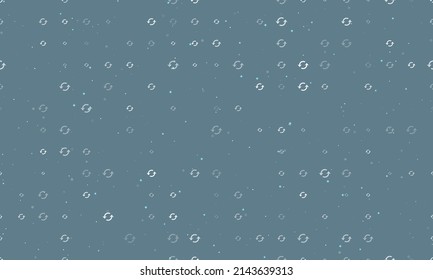 Seamless background pattern of evenly spaced white refresh symbols of different sizes and opacity. Vector illustration on blue gray background with stars