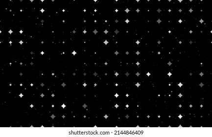 Seamless background pattern of evenly spaced white star symbols of different sizes and opacity. Vector illustration on black background with stars