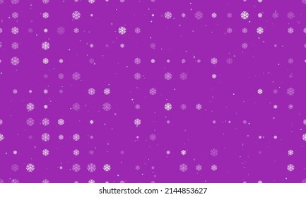 Seamless background pattern of evenly spaced white snowflake symbols of different sizes and opacity. Vector illustration on purple background with stars