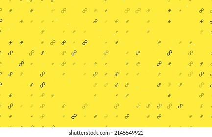 Seamless background pattern of evenly spaced black astrological opposition symbols of different sizes and opacity. Vector illustration on yellow background with stars
