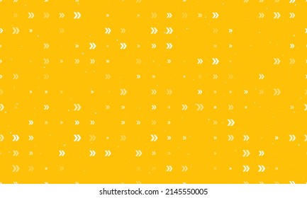 Seamless background pattern of evenly spaced white double arrow symbols of different sizes and opacity. Vector illustration on amber background with stars